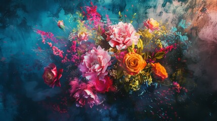 A vibrant bouquet of flowers overflowing with color, captured in a loose and expressive watercolor style. - obrazy, fototapety, plakaty
