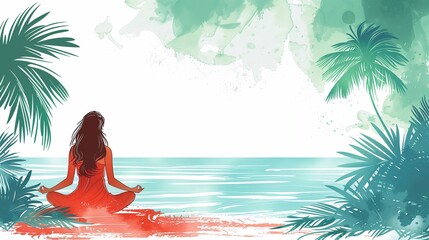 Meditating woman against the sea on a tropical island, illustration, copy space