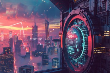 Futuristic cityscape with cyberpunk elements and a high-tech lens flare effect