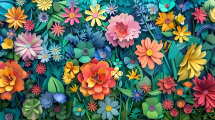 A vibrant papercut illustration of a blooming flower garden, with a variety of flowers in intricate detail, crafted from colorful recycled paper.