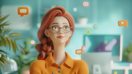 Portrait of young woman with red hair in the office. 3d character. Interface icons flying around. Horizontal layout