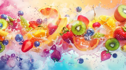 Fototapeta na wymiar A vibrant watercolor splash capturing the essence of a delicious fruit salad overflowing with color and texture.