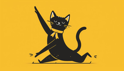 Happy dancing cat. 2d flat doodle illustration. Black and yellow color. Fitness story