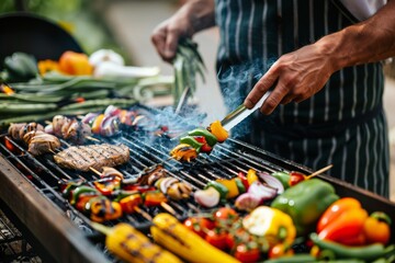 Vibrant Alfresco BBQ: A Culinary Celebration with Spicy Skewers, Smoked Meats, and Fresh Marinated Vegetables - obrazy, fototapety, plakaty