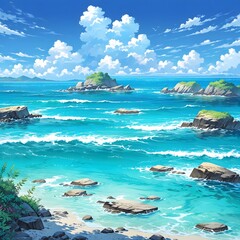 Beautiful Sea Nature With Anime Style Landscape