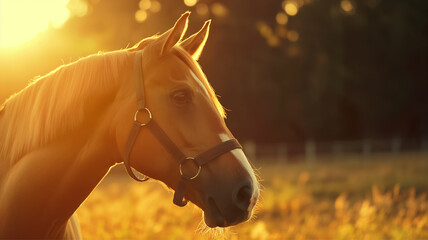 Beautiful horse with sunlight, thoroughbred horse racer on field
 - obrazy, fototapety, plakaty