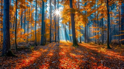 Obraz premium Golden sun filters through the lush green trees in the forest, casting intricate patterns of light