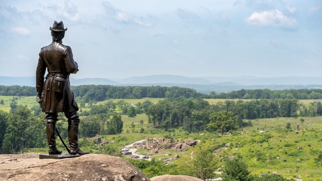 Statue of Brigadier General Gouverneur Warren stands at Little Round Top in the Gettysburg National Military Park, Gettysburg, Pennsylvania.