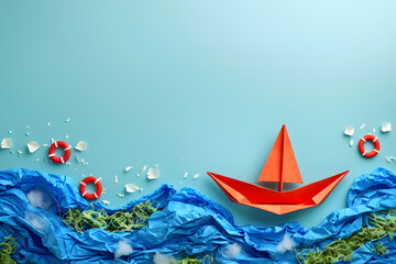 A collection of miniature boats made from recycled materials floating in a blue water basin, isolated on a conservation efforts aqua background for World Ocean Day - obrazy, fototapety, plakaty