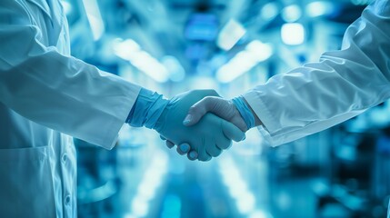 Close-up of gloved hands clasping in a handshake, illustrating the unity of scientific endeavors.