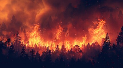 Fototapeta na wymiar Forest fire, wildfire landscape natural disaster background banner panorama - Burning flames with smoke development and black silhouette of forest trees