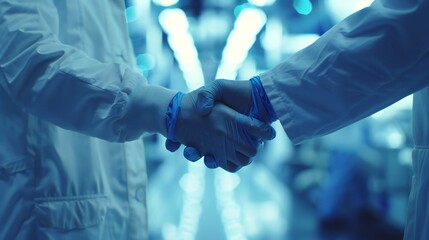 Close-up of scientists in lab coats shaking hands, affirming their commitment to advancing medical knowledge.