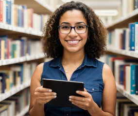 Young Hispanic female librarian, with curly hair, recommending a book, blurred library setting. AI generated.