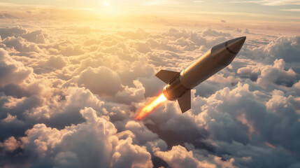 Naklejka na ściany i meble A hypersonic missile flies at high altitude above the clouds