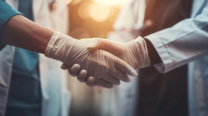 Handshake between scientists in lab gloves, signifying mutual respect and dedication to medical research. - obrazy, fototapety, plakaty