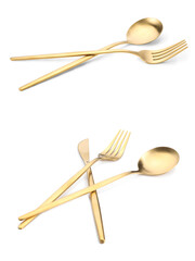 Luxury golden fork, knife and spoon isolated on a white background.