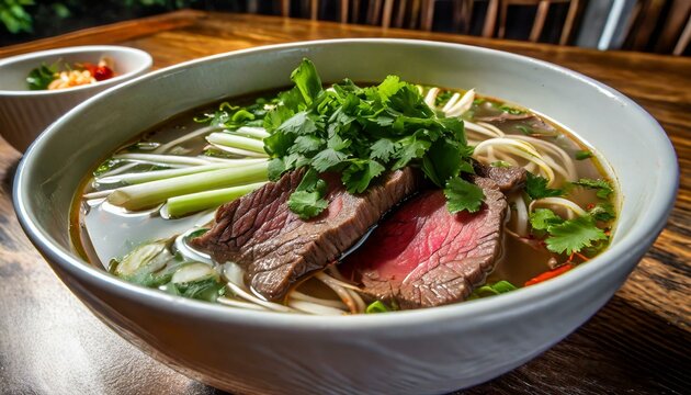 A large bowl of beef noodle or beef pho with cilantro and onion on the top with clear soup on a wooden table