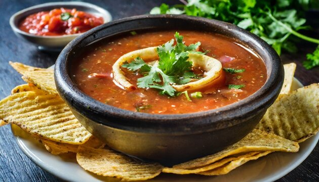 Bowl of Mexican tortilla soup with condiments and tortilla chips around the bowl of hot soup
