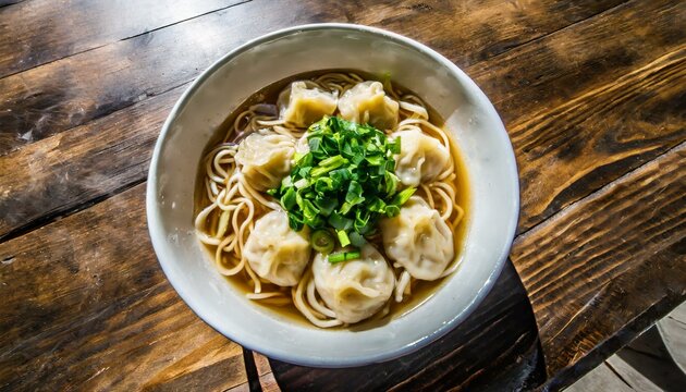A bowl of wonton noodle with soup from a top angle on a beautiful wooden table