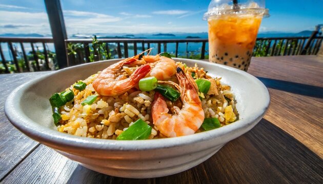 A bowl of shrimp or prawn fried rice with a cup of boba tea with a beautiful view of the outside