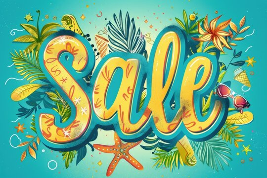 Summer sale concept with 3D text surrounded by tropical elements and sea life on a bright turquoise background