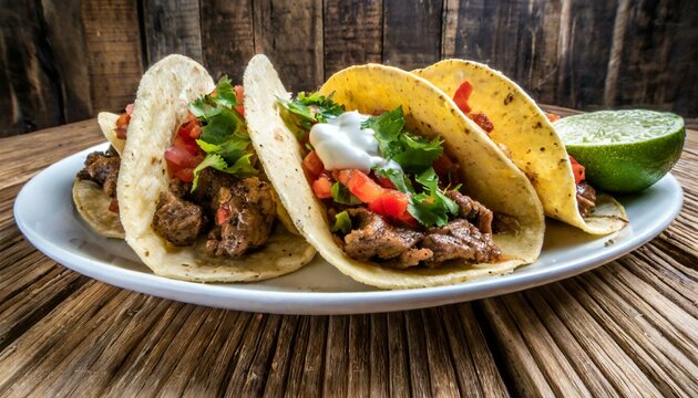 3 beef tacos with tomato, lettuces, salsa, sour cream with corn tortilla and lime on a wooden table