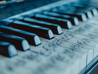 Close-Up of Piano Keys with Classical Sheet Music