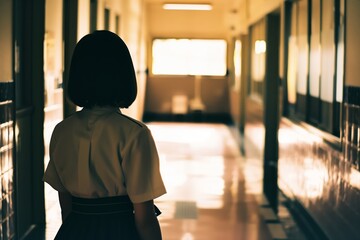 Girl in Uniform Walking in Sunlit School Hallway