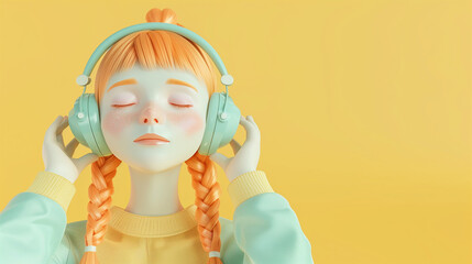 3d girl with braids in headphones listening to the music. Streaming audio services picture. Isomeric.