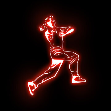Bowler bowling in cricket championship sports. Cricket Fast Bowler, neon light effect, dark full dark background. cricket bowler in action. Neon glow cricket player.