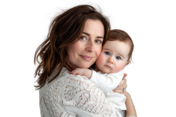 Portrait of mom holding baby with her arms isolated on transparent png background, love moment, newborn sleeping tenderly in arms, cute little infant.