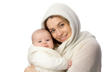 Portrait of mom holding baby with her arms isolated on transparent png background, love moment, newborn sleeping tenderly in arms, cute little infant.