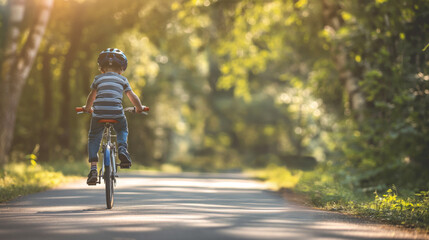 Rear view of a little boy riding a bicycle on a sunny day - obrazy, fototapety, plakaty