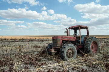 Abandoned Tractor Lies Forlorn in a Sparse Field Under Open Skies due to Draught