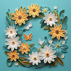 Round frame of daisies Flower with butterfly on a green background