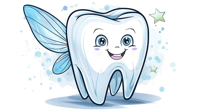 Cute cartoon tooth with wings on a white background. The Tooth Fairy