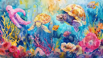 Joyous sea creatures celebrate underwater life in vibrant watercolors.