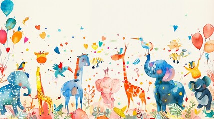 Jungle animals celebrate in a vibrant watercolor carnival.