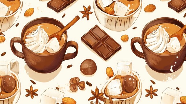 Indulge in a premium stylish 2d pattern featuring a delectable hazelnut and almond hot chocolate cup design