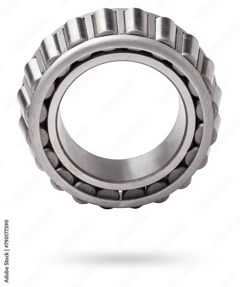 Poster Shiny metal single row round roller bearing designed to absorb radial and one-sided axial loads of the vehicle. Sale of spare parts or repair in a workshop or car service.