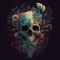 Mystical and Macabre Skull Illustrations Set on Moody Black Backgrounds, Perfect for Dark and Sinister Designs