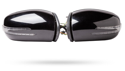 Close-up on a pair of side mirrors from a minibus with turn signal repeaters for repair and...