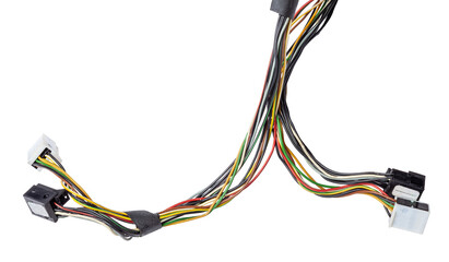 A cable of matted wires of different colors with connectors in the electrical wiring of the car....