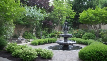 Fototapeta na wymiar A peaceful garden with a trickling fountain upscaled 4