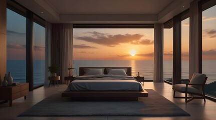Luxurious minimalist bedroom in a villa with bigh panoramic windows and a s beautiful ocean.generative.ai