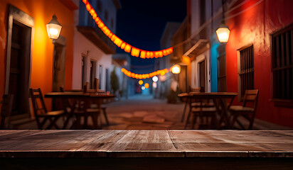 Empty wooden table top against cosy blurred night street of Mexico with lights and empty restaurant tables. Can be used as product showcase. Mockup concept.