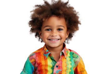 Studio portrait of young African-American little boy with Afro hair, bright colorful shirt and happy smile isolated on transparent png background.