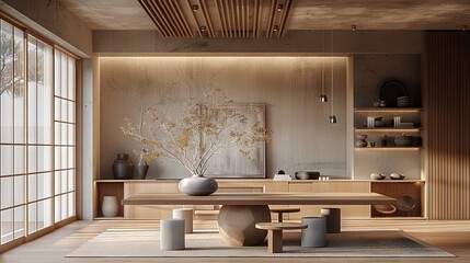 a minimalist Japandi-style apartment showcasing clean lines, a harmonious blend of matte and glossy surfaces, and serene ambiance, highlighting pristine concrete and wood materials