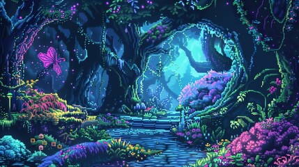 Craft a detailed pixel art scene of a serene virtual reality forest with winding paths, glowing flora, and hidden creatures Transport the viewer into a tranquil escape using vibrant colors and intrica