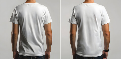 Plain white t-shirt on a man comparing a snug vs loose fit